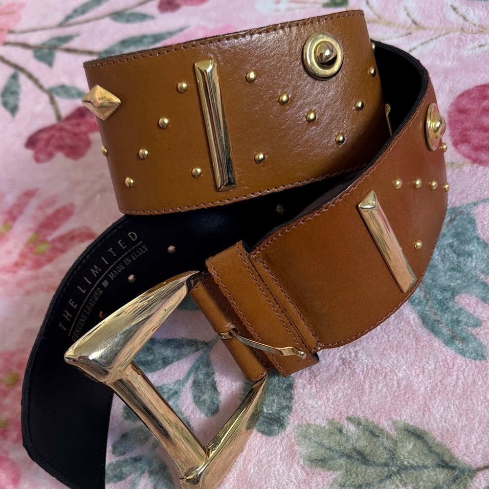 VINTAGE The Limited Tan Brown Leather Studded Wide Belt w Gold Hardware SZ Small